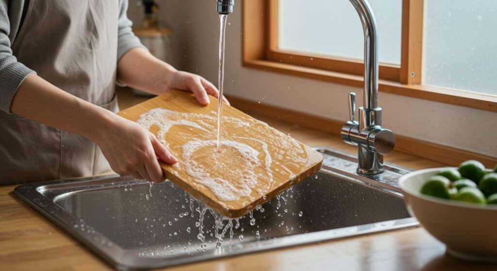 肉を切ったまな板 熱湯