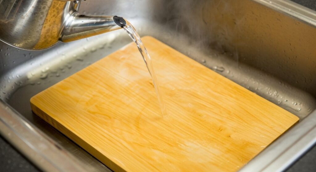 肉を切ったまな板 熱湯