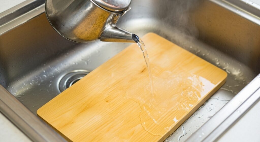 肉を切ったまな板 熱湯