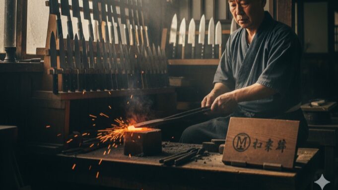 伝統的な日本の工房で包丁を鍛造する職人の男性