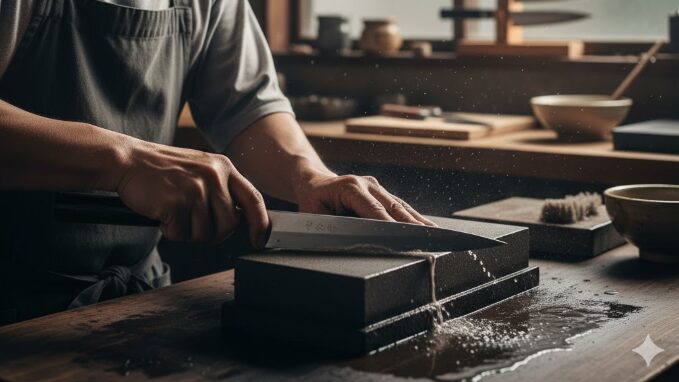 集中して包丁を砥石で研ぐ男性の手元
