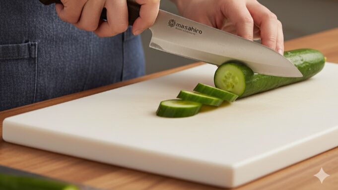 きゅうりを薄切りにする日本人女性