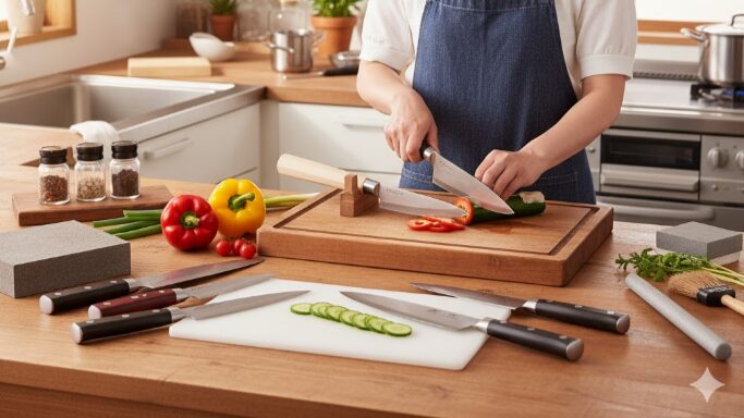 キッチンのカウンターに置かれた様々な種類の正広包丁と新鮮な野菜