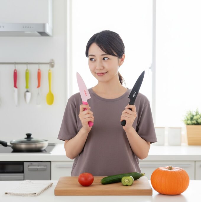 ティファール包丁チタン(フレッシュキッチン)と他のティファール包丁を手に持ち、どちらが良いか悩んでいる日本人女性