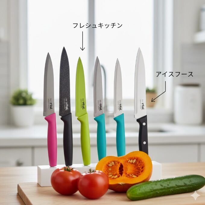 ティファールのフレッシュキッチン包丁とアイスフォース包丁が並べられ、異なるデザインと特徴を比較する様子。手前にはトマトやキュウリ、半分に切ったカボチャが置かれている。