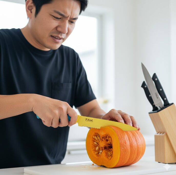 ティファールフレッシュキッチン包丁で硬いカボチャを切ろうとして苦戦している日本人男性。包丁がカボチャに食い込まず、男性は困ったような表情をしている。