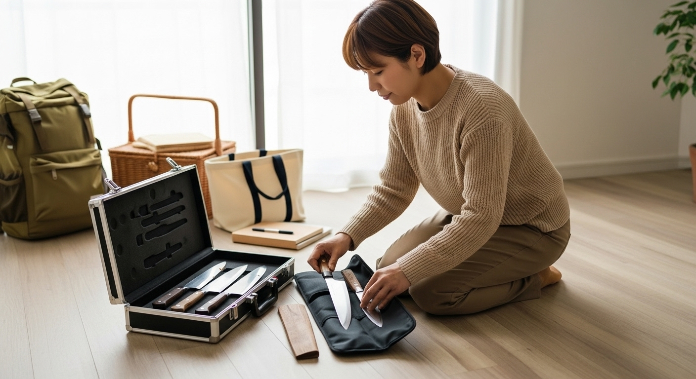 自宅の床に座って包丁をケースに収納する若い日本人女性。隣にはアタッシュケース型の包丁ケースと布巻き型の包丁ケース、そしてピクニックの準備をしているかのようなリュックサックやトートバッグが見える。