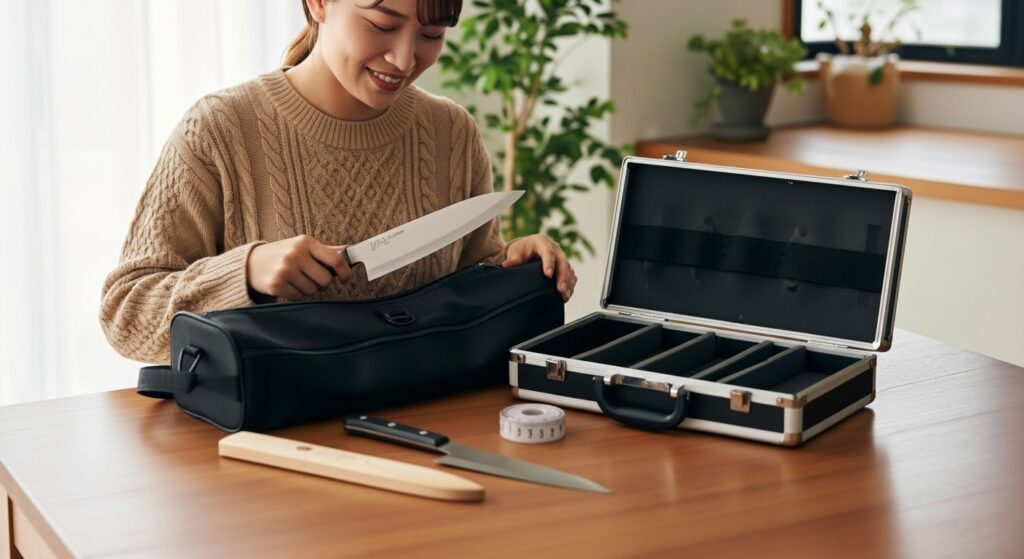 自宅のテーブルで包丁をソフトバッグ型ケースに収納しようとしている日本人女性。彼女は笑顔で、隣にはアタッシュケース型の包丁ケースと木製の鞘、そしてメジャーが置かれている。