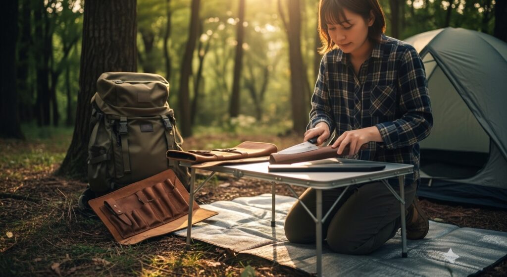 キャンプ場で小型テーブルの上に包丁の鞘を装着する若い日本人女性。背後にはテントとリュックサックがあり、森と夕日が美しく見える。