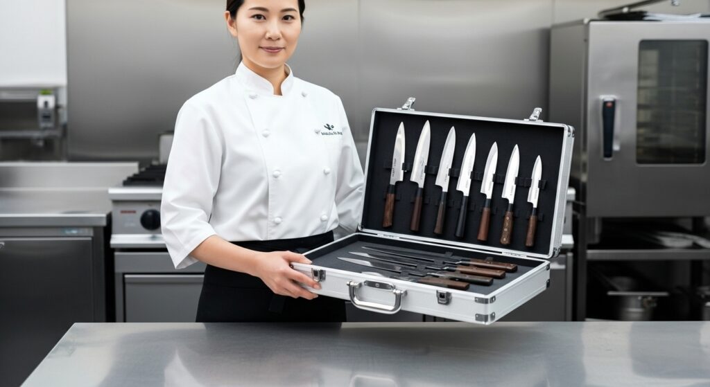 プロのキッチンでシェフ服を着て、アタッシュケース型の包丁ケースを開いて見せている日本人女性シェフ。ケースには複数の包丁がきれいに収納されており、彼女は自信に満ちた表情でカメラを見ている。