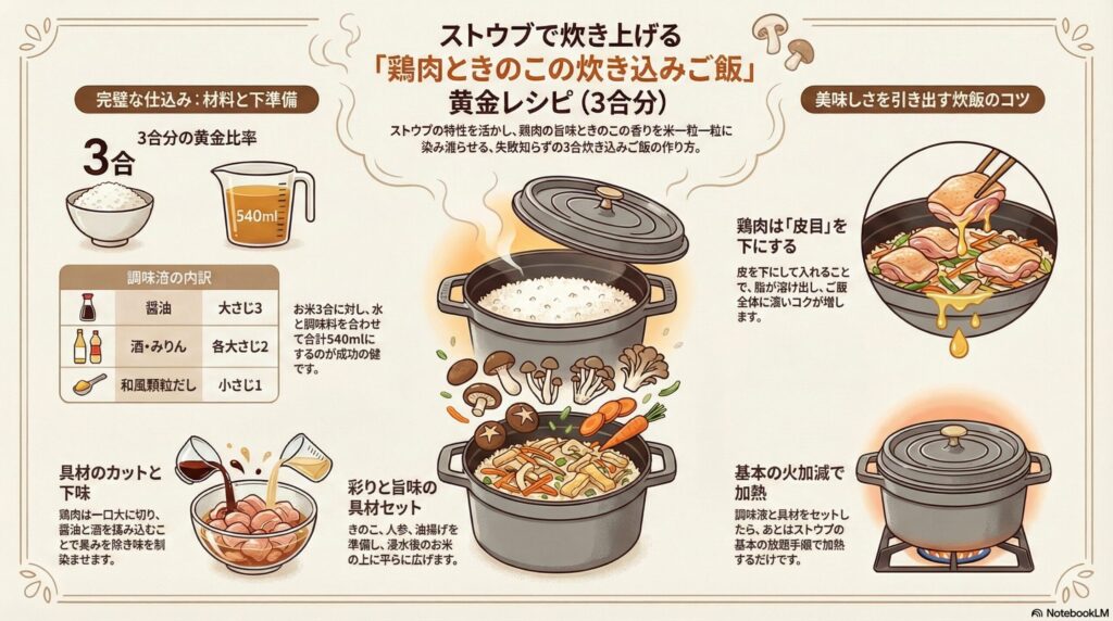 鶏肉ときのこの旨味を凝縮させる手順