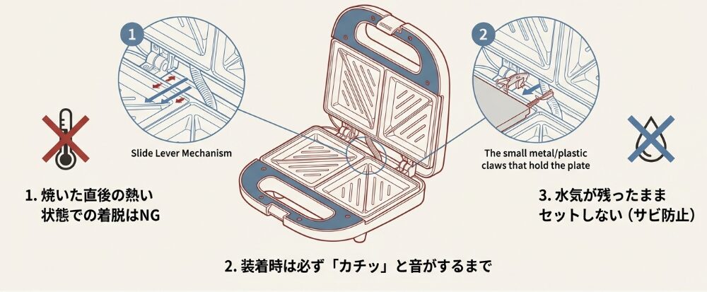 プレート着脱時のプラスチック割れに注意