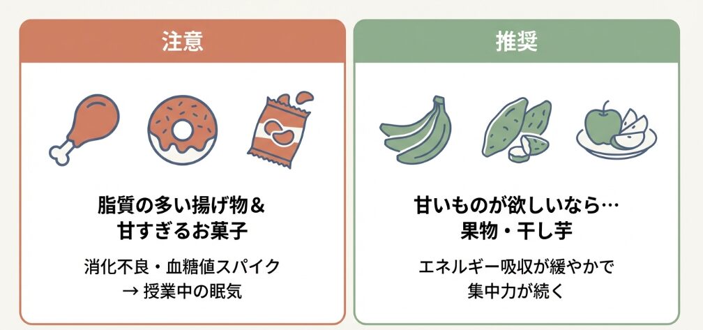 揚げ物や甘すぎるお菓子は睡魔の引き金になりやすい
