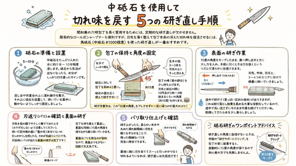 中砥石を使用して切れ味を戻す5つの研ぎ直し手順