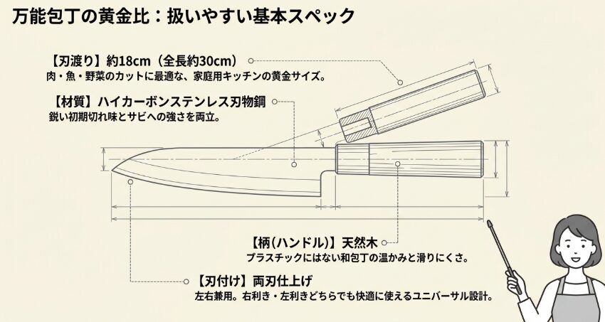 刃渡り18センチと天然木柄の扱いやすい基本仕様