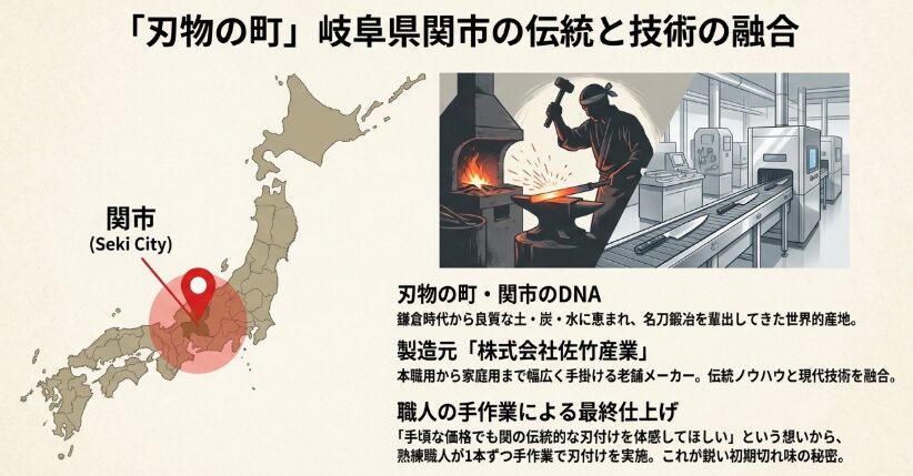 製造元である佐竹産業と岐阜県関市の刃物技術