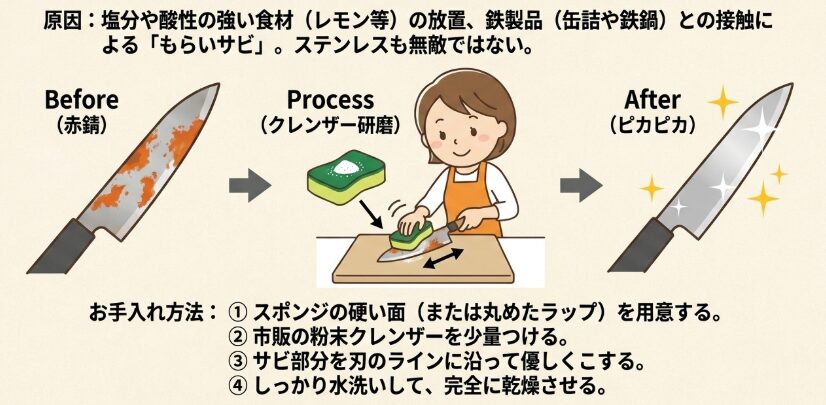万が一の赤錆をきれいにするクレンザーのお手入れ