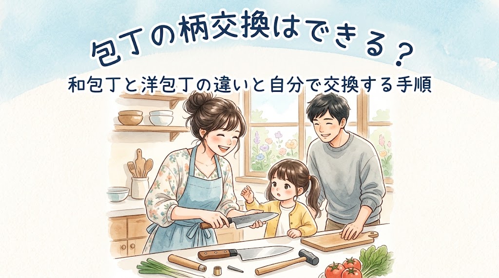 以下の条件で、アイキャッチ画像を生成してください。 ・アスペクト比：16:9（横長） ・画風：温かみのある水彩画風、ふんわりとした柔らかい筆のタッチ、絵本のようなテイスト ・色合い：優しいパステルカラー 文字入れ：画面上部の空いたスペースに、『包丁の柄交換はできる？』という丸みのある手書き風の可愛い文字をアーチ状に描画してください。 その下に『和包丁と洋包丁の違いと自分で交換する手順』とアーチではなく普通に描画してください。 『』は描画しないで下さい。 ・女性単独は30代主婦、家族構成は夫と小学生の娘がいる3人家族を描画してください。